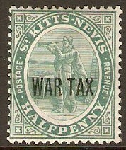St Kitts-Nevis 1916 d deep green "WAR TAX" stamp. SG22a.