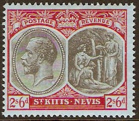 St Kitts-Nevis 1920 2s.6d grey and red on blue. SG33.