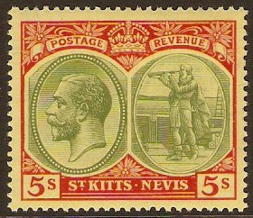 St Kitts-Nevis 1920 5s green and red on pale yellow. SG34.