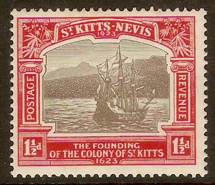 St. Kitts-Nevis 1923 1d Black and scarlet. SG50.