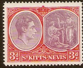 St Kitts-Nevis 1938 3d Reddish lilac and scarlet. SG73c.