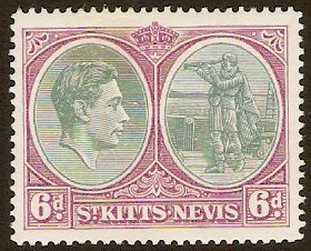 St Kitts-Nevis 1938 6d Green and bright purple. SG74.