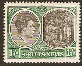 St Kitts-Nevis 1938 1s Black and green. SG75b.