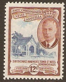 St Kitts-Nevis 1952 12c Deep blue and reddish brown. SG100.