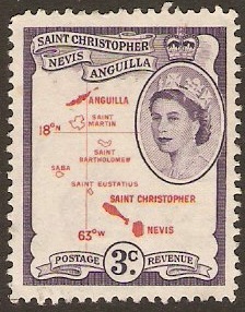 St Kitts-Nevis 1954 3c carmine-red and violet. SG109.