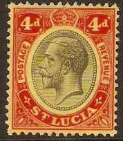 St Lucia 1912 4d Black and red on yellow. SG83.