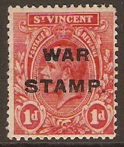 St. Vincent 1916 1d Carmine-red - "WAR STAMP". SG124.