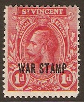St. Vincent 1916 1d Pale Scarlet - "WAR STAMP". SG129.