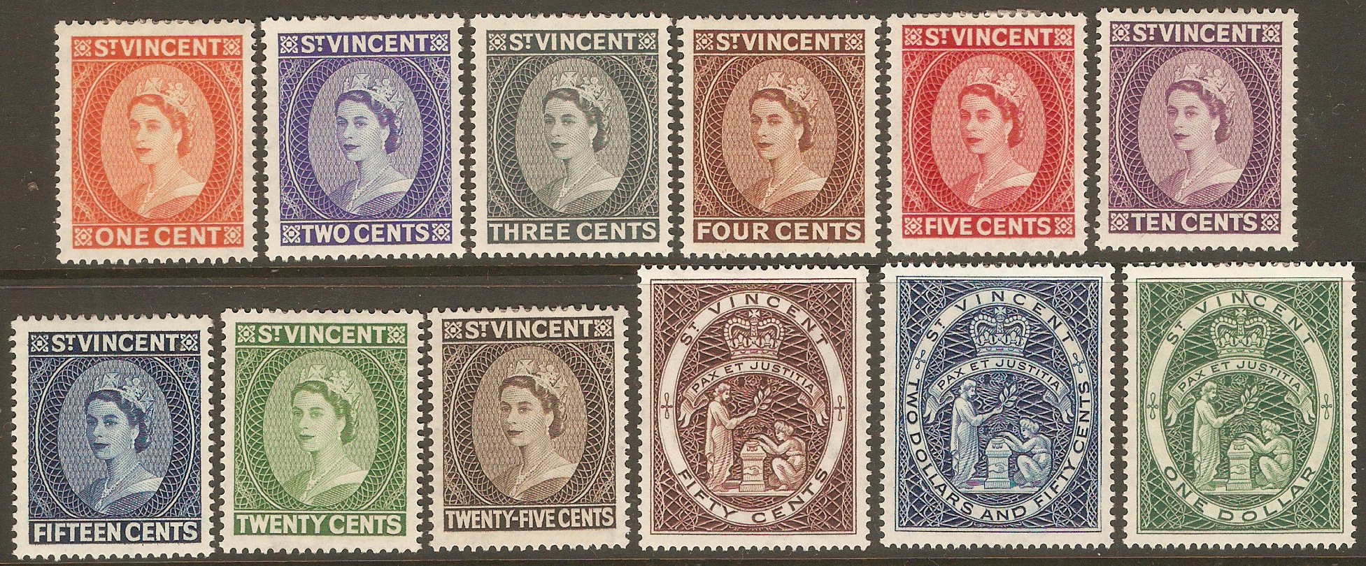 St Vincent 1955 Queen Elizabeth II definitives set. SG189-SG200.