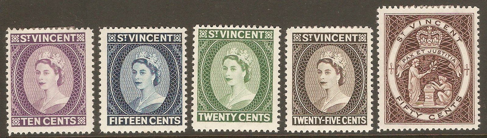 St Vincent 1964 Queen Elizabeth II definitives set. SG207-SG211.