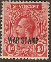 St. Vincent 1916 1d deep rose-red War Stamp. SG128.