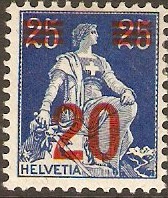 Switzerland 1921 20 on 25c light blue and deep blue. SG315.