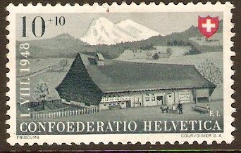 Switzerland 1948 10c + 10c slate and grey. SG496.