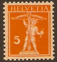 Switzerland 1908 5c Orange on buff. SG264.