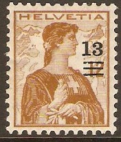 Switzerland 1915 13c on 12c Yellow-brown. SG299.