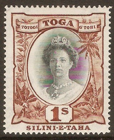 Tonga 1920 1s Black and red-brown. SG63b. Upright watermark.