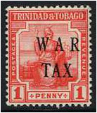 Trinidad & Tobago 1917 1d Red War Tax stamp. SG180.