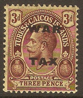 Turks and Caicos 1918 3d Purple on yellow - War Tax. SG147.