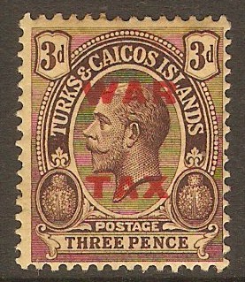 Turks and Caicos 1919 3d Purple on orange-buff - War Tax. SG148.