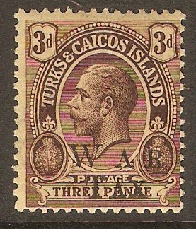 Turks and Caicos 1919 3d Purple on orange-buff - War Tax. SG151.