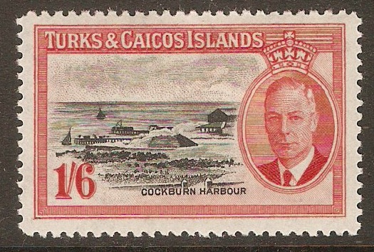 Turks and Caicos 1950 1s.6d Black and scarlet. SG230.