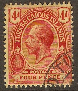 Turks and Caicos 1913 4d Carmine on pale yellow. SG134b.