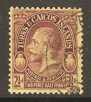 Turks and Caicos 1928 2d Purple on yellow. SG180.