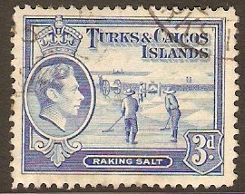 Turks and Caicos 1938 3d Bright blue. SG200.
