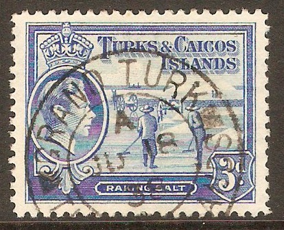 Turks and Caicos 1938 3d Bright blue. SG200.