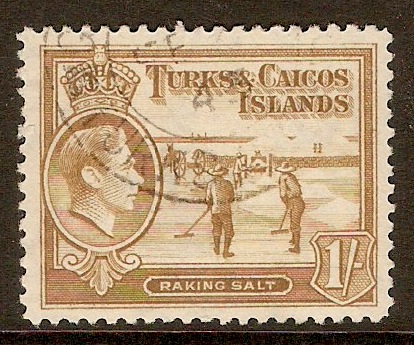 Turks and Caicos 1938 1s Yellow-bistre. SG202.