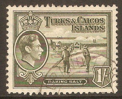 Turks and Caicos 1938 1s Grey-olive. SG202a.