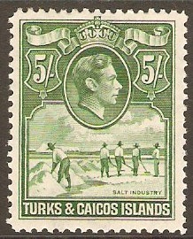 Turks and Caicos 1938 5s Deep green. SG204a.