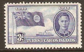 Turks and Caicos 1948 3d Blue. SG212.