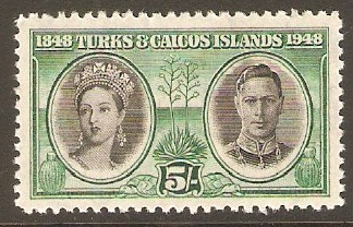 Turks and Caicos 1948 5s Black and green. SG215.