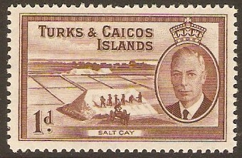 Turks and Caicos 1950 1d Red-brown. SG222.