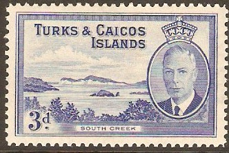 Turks and Caicos 1950 3d Bright blue. SG226.