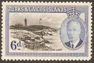 Turks and Caicos 1950 6d Black and blue. SG228.