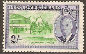 Turks and Caicos 1950 2s Emerald and ultramarine. SG231.
