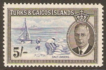 Turks and Caicos 1950 5s Blue and black. SG232.