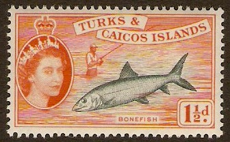 Turks and Caicos 1957 1d Grey-green and orange. SG238.