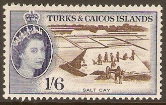 Turks and Caicos 1957 1s.6d Sepia and deep ultramarine. SG247.