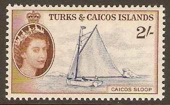 Turks and Caicos 1957 2s Deep ultramarine and brown. SG248.