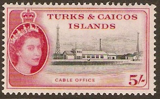Turks and Caicos 1957 5s Black and carmine. SG249.