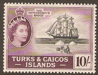 Turks and Caicos 1957 10s Black and purple. SG250.