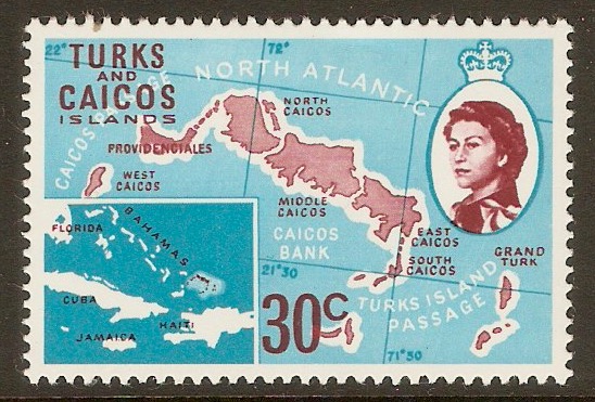 Turks and Caicos 1971 30c Map of Islands Stamp. SG343.