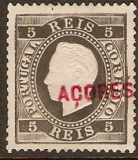 Azores 1871 5r Black - King Luis definitive stamps series. SG38.