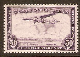 Belgian Congo 1934 50f Violet - Air series. SG205.