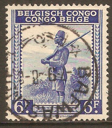 Belgian Congo 1942 6f Ultramarine Stamp. SG266a.