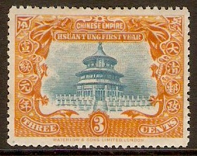 China 1909 3c Greenish blue and orange. SG166.