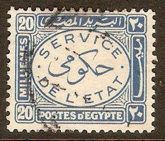 Egypt 1938 20m Blue - Official Stamp. SGO283.